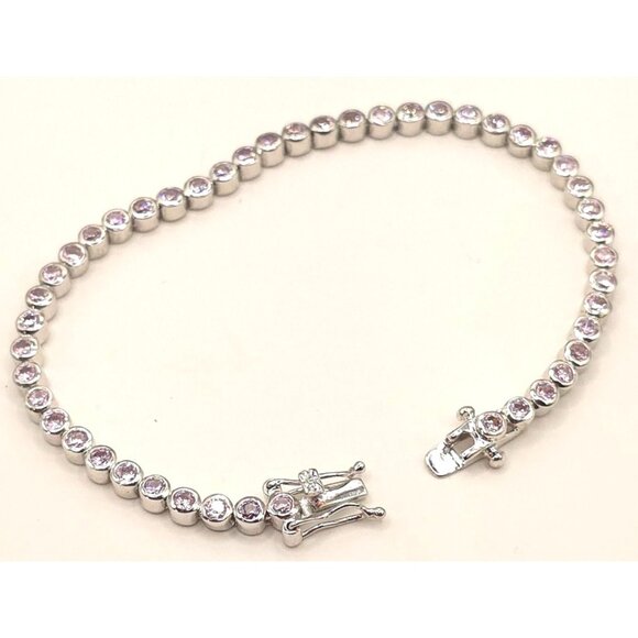 Unbranded Jewelry - Silver Tone Tennis Bracelet With Pink CZ Stones & Secure Clasp